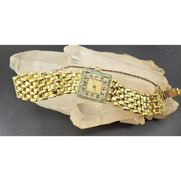 Vintage 18k Gold Womens Square Diamond Watch with Safety Chain HS173 - Picture 2 of 15